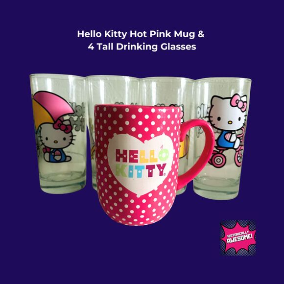 RARE Hello Kitty Glassware Unused— Hot Pink Mug and 4 tall drinking glasses - Picture 2 of 4